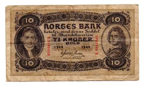 1944 Norway 10 Kroner, Signature G. Meldahl Nielsen Pick#8c