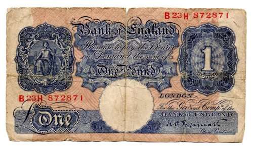 Filler, 1934-39 Great Britain 1 Pound, Signature K. O. Peppiatt, Pick#363c, Centre tear 1/2 through