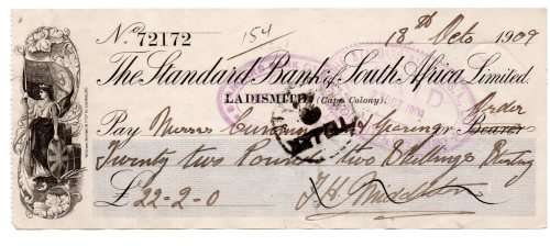 1909 The Standard Bank of South Africa Limited 22 Pound Check, Ladismith (Cape Colony)