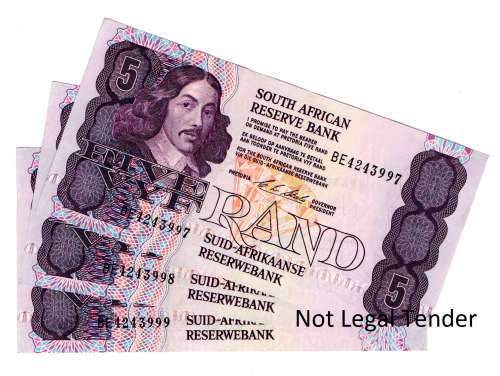 Lot of 3 x Consecutive 1990 South Africa, Type 11 First & Only Issue, C L Stals R5`s BE4243997 to B