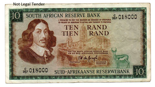 1975 South Africa T W De Jongh Type 9, Third Issue R10 Cool serial 018000