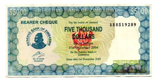 2003 Zimbabwe $5000 Bearer Cheque Pick#21d