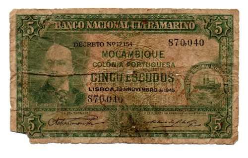 Filler 29.11.1945 Mozambique 5 Escudos, Pick#94, Edge Tears/holes