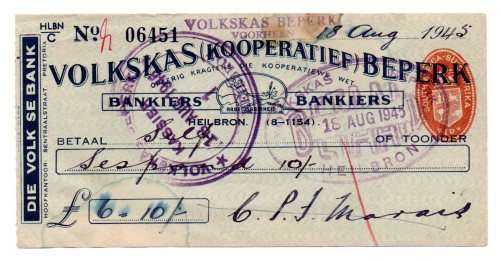 1945 Volkskas (Kooperatief) Beperk Cheque, Heilbron Oranje Vrystaat, 6 Pounds 10 Shillings