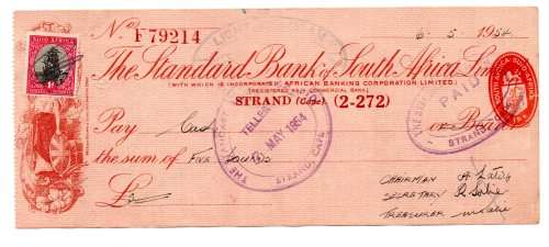 1954 The Standard Bank of South Africa Cheque, Strand Cape, 5 Pounds with Chairman, secretary and Tr
