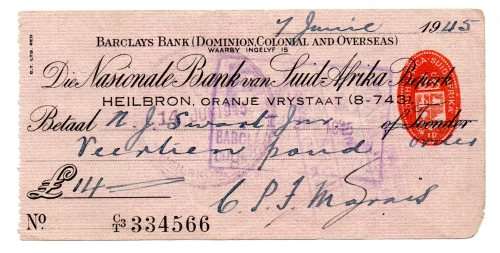 1945 Die Nationale Bank van Suid Afrika (Barclys Bank) Heilbron Cheque, Oranje Vrystaat 14 Pound
