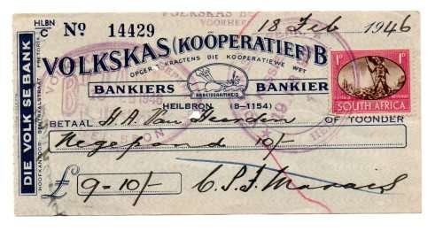 1946 Volkskas (Kooperatief) Beperk Cheque, Heilbron Oranje Vrystaat, 9 Pounds and 10 Shillings