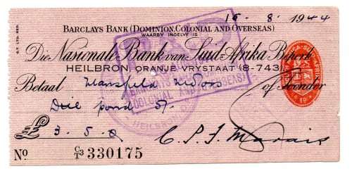 1944 Die Nationale Bank van Suid Afrika (Barclys Bank) Heilbron Cheque, Oranje Vrystaat 3 Pounds and