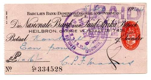 1944 Die Nationale Bank van Suid Afrika (Barclys Bank) Heilbron Cheque, Oranje Vrystaat 1 Pound 16 S