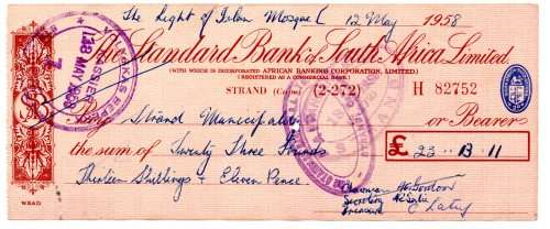 1958 The Standard Bank of South Africa Cheque, Strand Cape, 23 Pounds 13 Shillings with Chairman, se