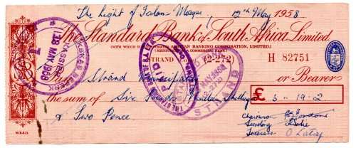 1958 The Standard Bank of South Africa Cheque, Strand Cape, 6 Pounds 19 Shillings with Chairman, sec