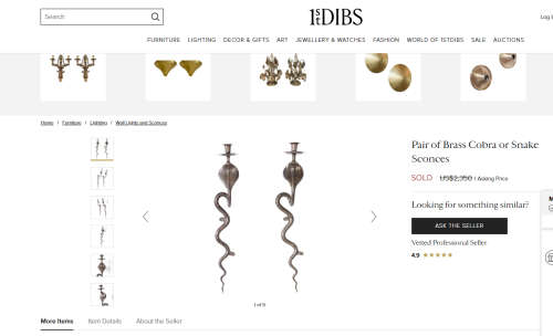 RARE!! Pair of Anglo-Indian Brass Cobra Candle Sconces, 40cm x 8cm
