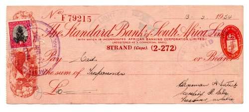 1957 The Standard Bank of South Africa Cheque, Strand Cape, 12 Pounds with Chairman, secretary and T