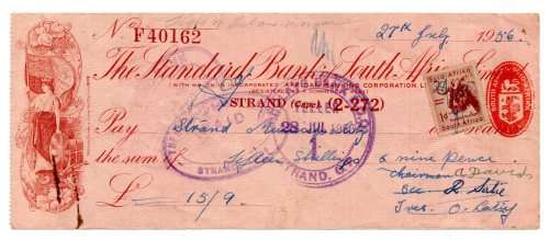 1956 The Standard Bank of South Africa Cheque, Strand Cape, 15 Pounds and 9 Shillings with Chairman,