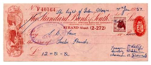 1957 The Standard Bank of South Africa Cheque, Strand Cape, 12 Pounds with Chairman, secretary and T