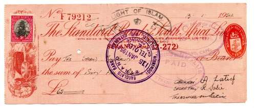 1954 The Standard Bank of South Africa Cheque `Light of Islam` Stamp, Strand Cape, 65 Pounds with Ch