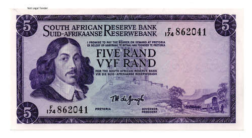 1967 South Africa T W de Jongh, Type 3 First Issue R5 E/A