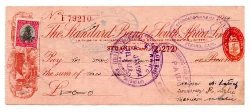 1954 The Standard Bank of South Africa Cheque, Strand Cape, 3 Pounds with Chairman, secretary and Tr