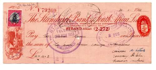 1953 The Standard Bank of South Africa Cheque `Light of Islam` Stamp, Strand Cape, 2 Pounds 15 Shill