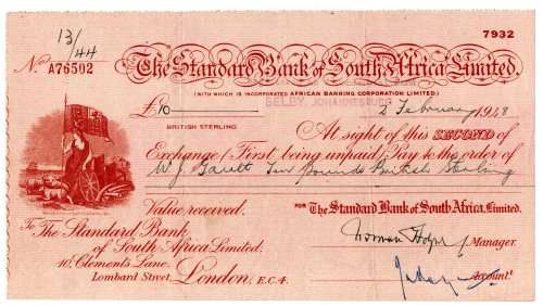 1948 [Large] The Standard Bank of South Africa Limited 10 Pound Cheque, Lombard St London