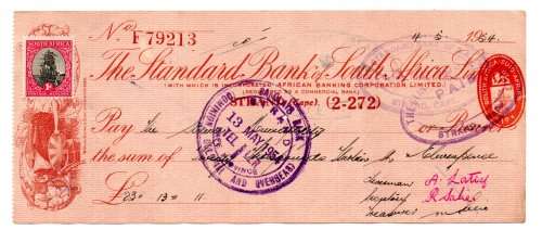 1972 The Standard Bank of South Africa Cheque, Strand Cape, 23 Pounds, 20  Pounds with Chairman, sec