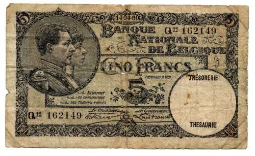 1930 Belgium 5 Franc, Signature Hautain Stacquet Pick#97b, centre fold hole