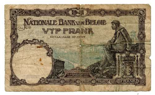 1930 Belgium 5 Franc, Signature Hautain Stacquet Pick#97b, centre fold hole
