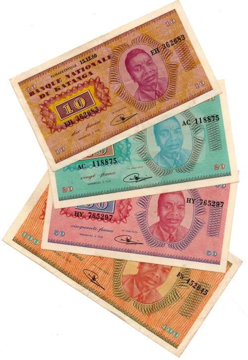 RARE 1960 Set of Katanga Notes: 10 Francs Pick#5a, 20 Francs Pick#6a, 50 Francs Pick#7a, 100 Francs