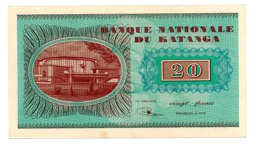 RARE 1960 Set of Katanga Notes: 10 Francs Pick#5a, 20 Francs Pick#6a, 50 Francs Pick#7a, 100 Francs