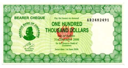 2006 Zimbabwe $100 000 Bearer Cheque Pick#32