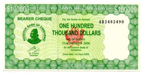 2006 Zimbabwe $100 000 Bearer Cheque Pick#32