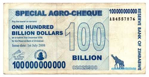 2008 Zimbabwe $100 Billion Agro Cheque Pick#64