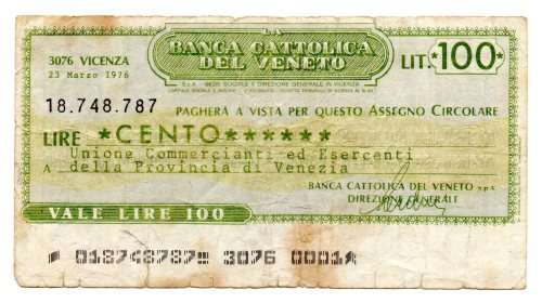 1976 Italy Bank of Veneto 100 Lire Cheque
