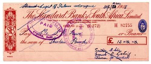 1958 The Standard Bank of South Africa Cheque `Light of Islam`, Strand Cape, 13 Pounds with Chairman