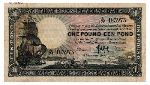 1947 South Africa M H De Kock Type 8 First Issue 1 Pound