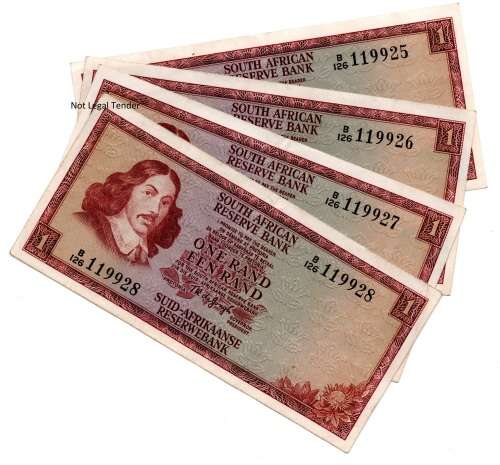 Lot of 4 x Consecutive 1973 South Africa TW De Jongh Type 9 Second Issue R1`s `B126 119925` to `B126