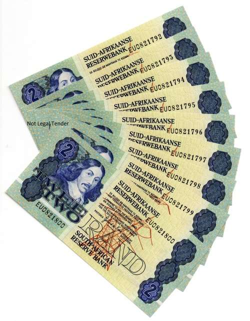 Lot of 9 x Consecutive 1984 South Africa Type 11, GPC De Kock Third Issue R2`s `EU0821792` to `EU082
