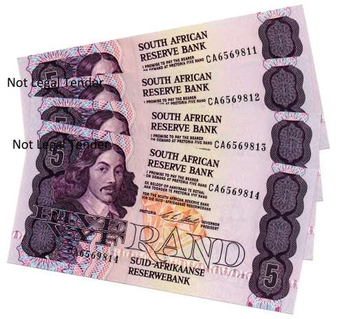 Lot of 4 x Consecutive 1990 South Africa CL Stals Type 11 First Issue R5`s `CA6569811` to `CA6569814