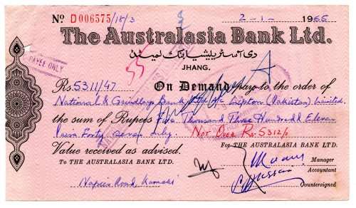 1965 Pakistan Australasia Bank Ltd. Cheque: 5312 Rupees, equivalent to 718k Rupees in today`s value