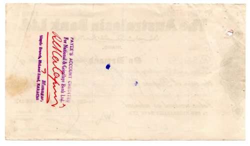 1965 Pakistan Australasia Bank Ltd. Cheque: 5312 Rupees, equivalent to 718k Rupees in today`s value