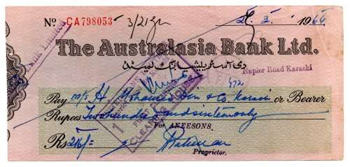 1964 Pakistan Australasia Bank Ltd. Cheque: 216 Rupees