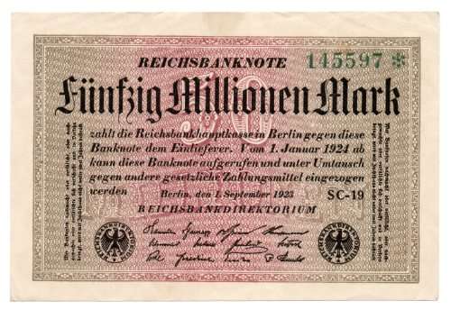 1923 German Berlin Reichsbanknote 50 Million Mark Star Note (Replacement) Pick#109c