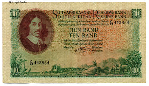 1962 South Africa Type 3 G Rissik First Issue R10, top edge tear