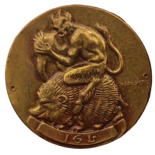 Badge by Karl Perl (Austrian Artist) `IGL` engraved, Devil Riding Hedgehog