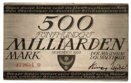 Rare 1923 German Stadt Halle Reichsbanknote 500 Billion Mark, Town Issue on thick paper, Star Note (