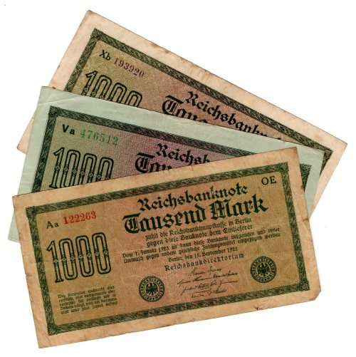 1923 German Berlin Reichsbanknote Set of 3 Varieties of 1000 Marks, Pick#76a White paper, Pick#76b Y