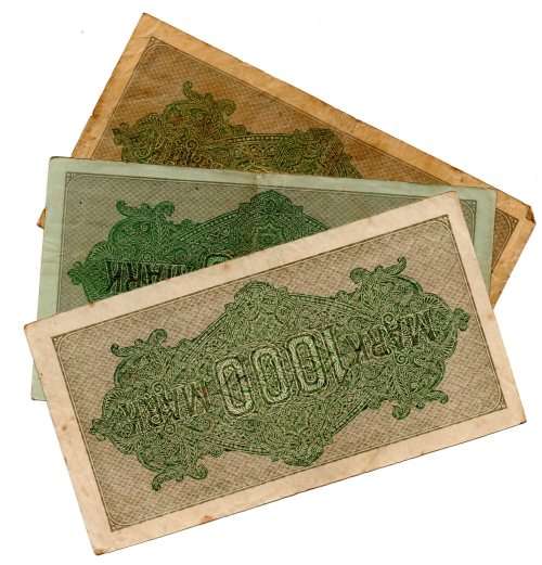 1923 German Berlin Reichsbanknote Set of 3 Varieties of 1000 Marks, Pick#76a White paper, Pick#76b Y