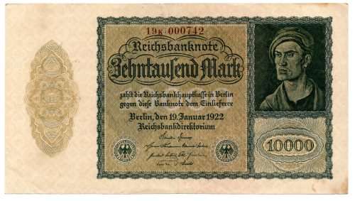 1922 German Berlin Reichsbanknote 10 000 Mark Pick#72, Low Serial # `000742`