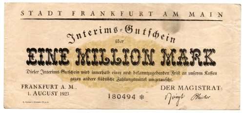 1923 German City of Frankfurt (Prussian province of Hesse-Nassau) 1 Million Mark, Town Issue, Star N