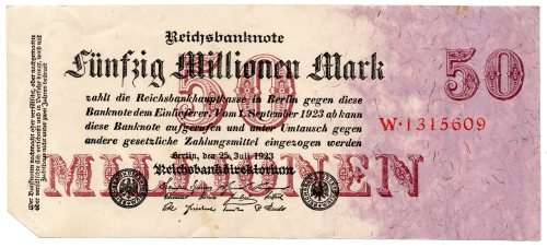 1923 German Berlin Reichsbanknote 50 Million Mark Pick#98a, cut corner